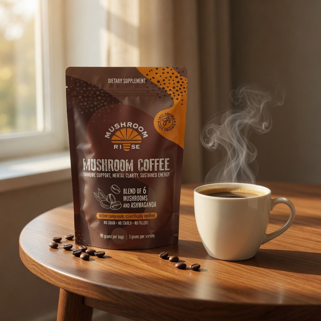 Mushroom Rise bag next to a steaming cup of coffee