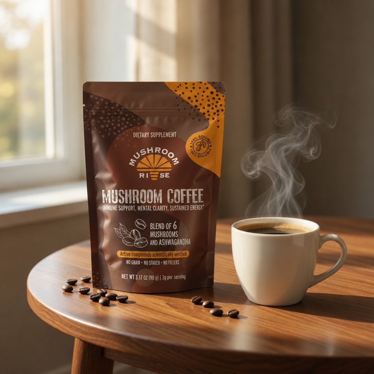 Mushroom Rise bag next to a steaming cup of coffee