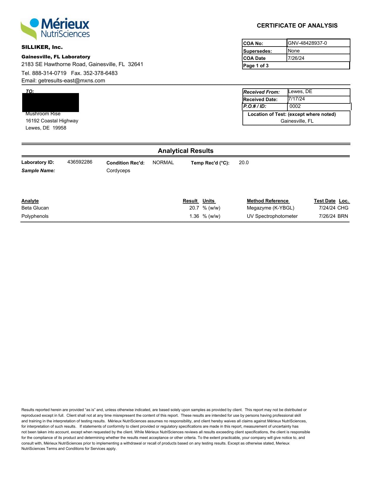Mérieux NutriSciences certificate, page 1