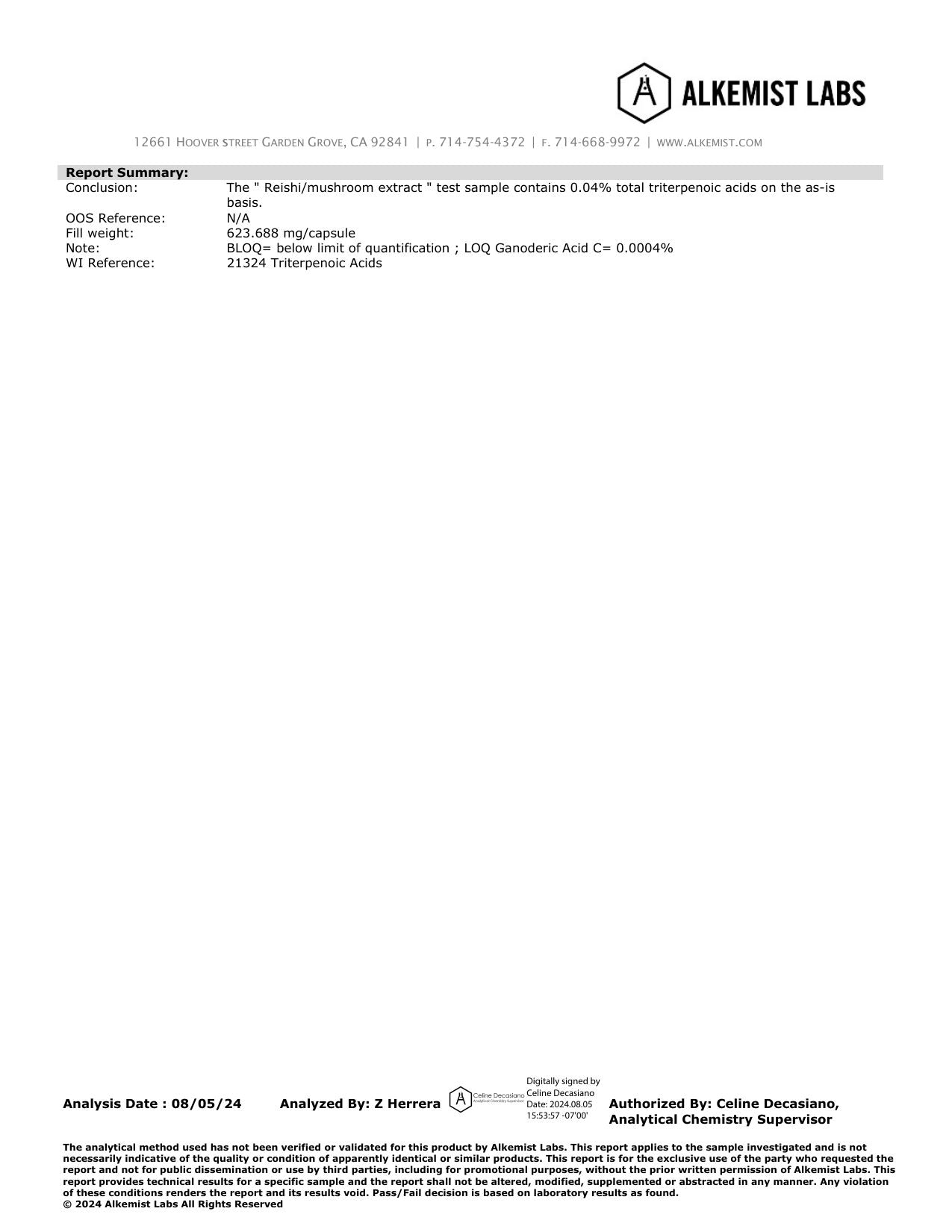 Alkemist Labs certificate, page 2