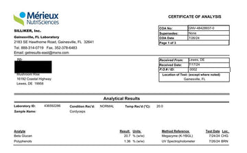 Page 1 of the Mérieux NutriSciences certificate of analysis for Mushroom Rise Cordyceps extract