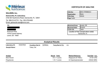 Page 1 of the Mérieux NutriSciences certificate of analysis for Mushroom Rise Turkey Tail extract