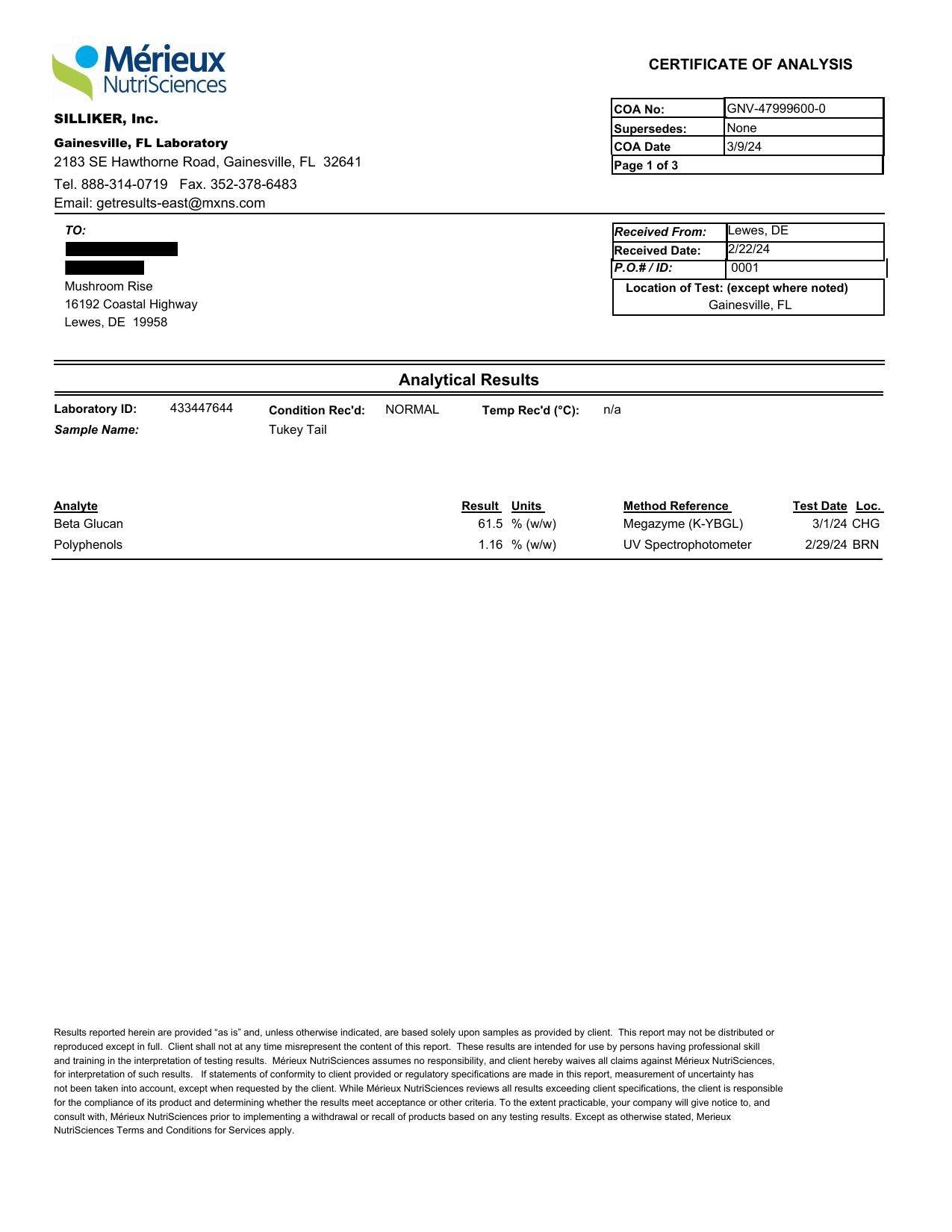 Mérieux NutriSciences certificate, page 1