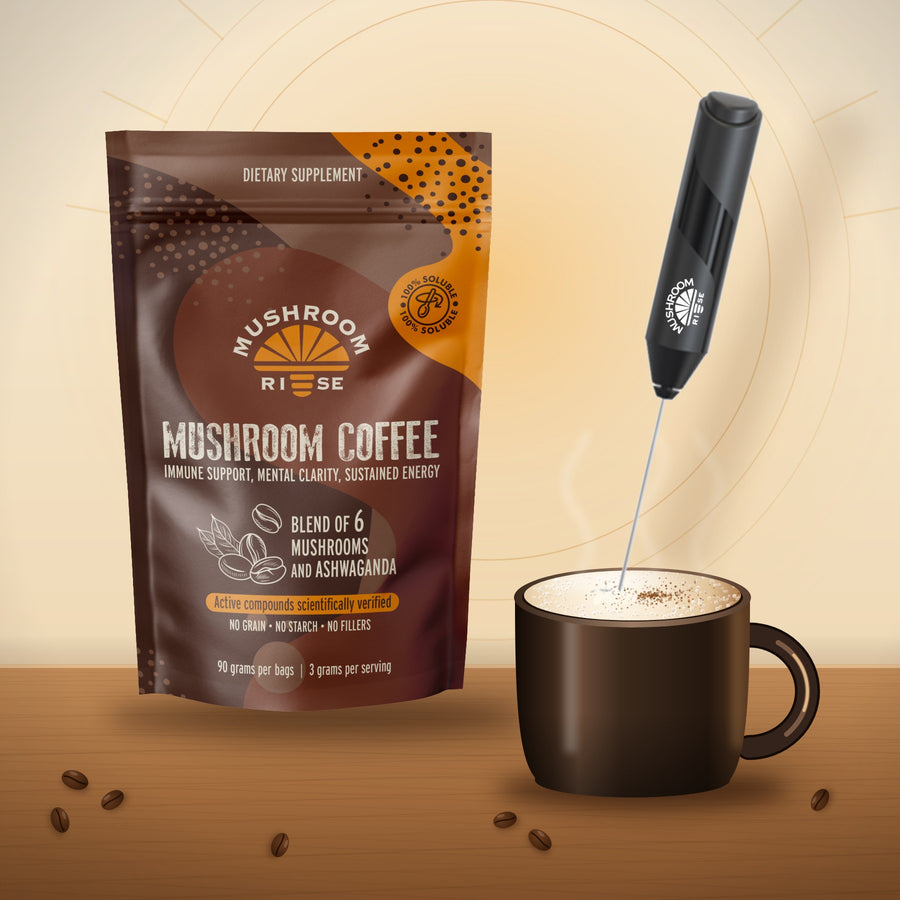 Mushroom Rise Mushroom Coffee bag with the free handheld milk frother and a frothed latte